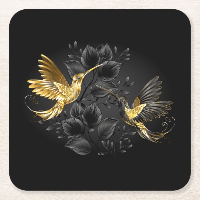 Posavasos Cuadrado De Papel Colibrí negro y dorado (Anverso)