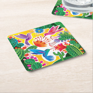 Posavasos Cuadrado De Papel Colibríes y Cactus en Flor