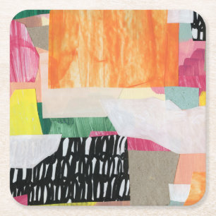 Posavasos Cuadrado De Papel Collage art, colorido abstracto moderno.