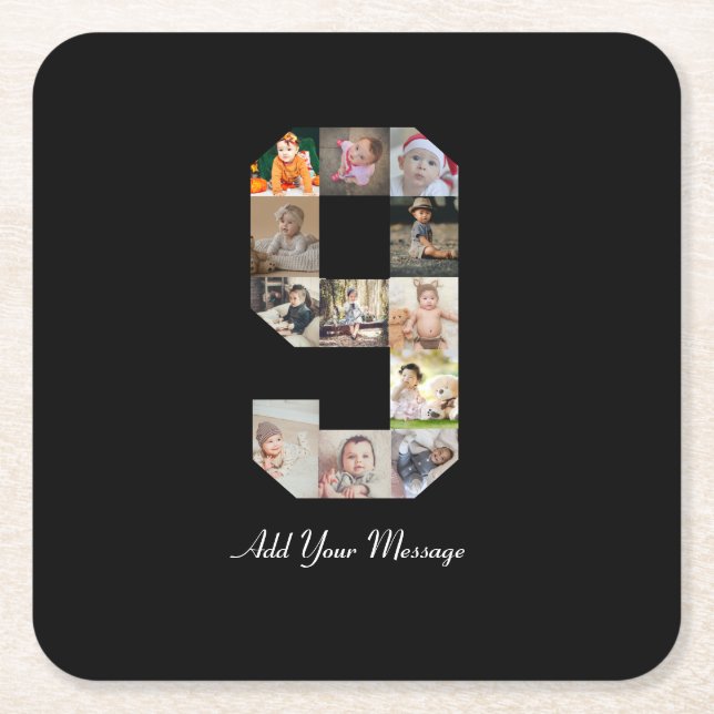 Posavasos Cuadrado De Papel Collage de fotos del número 9 en blanco y negro (Anverso)