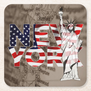Posavasos Cuadrado De Papel Collage de Liberty Map de Bandera de Nueva York