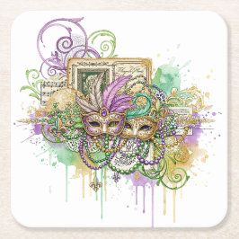 Posavasos Cuadrado De Papel Collage de salpicaduras de Mardi Gras