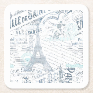 Posavasos Cuadrado De Papel Collage francés antiguo Romance Blue ID226