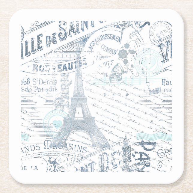 Posavasos Cuadrado De Papel Collage francés antiguo Romance Blue ID226 (Anverso)