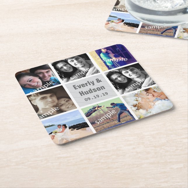 Posavasos Cuadrado De Papel Collage moderno de fotografía Boda personalizada (En perspectiva)