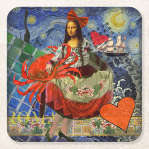 Posavasos Cuadrado De Papel Collage Noche Estrellada de Mona Lisa: Surrealista