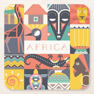 Posavasos Cuadrado De Papel Collage simbólico africano del arte