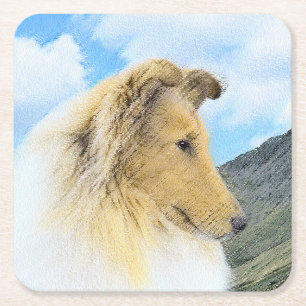 Posavasos Cuadrado De Papel Collie in Mountains (Rough) Pintura - Perro Art