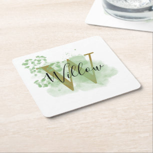 Posavasos Cuadrado De Papel Color de agua verde personalizado e inicio floral