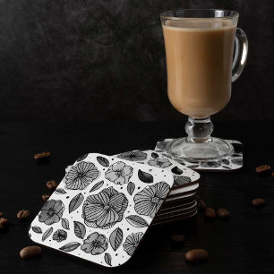 Posavasos Cuadrado De Papel Color de agua y flores de tinta - blanco y negro