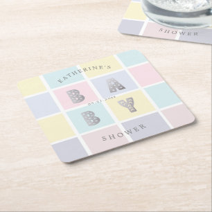 Posavasos Cuadrado De Papel color pastel ducha de bebé de plata