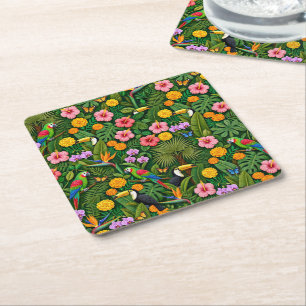 Posavasos Cuadrado De Papel Colores alegres aves de la selva flores tropicales