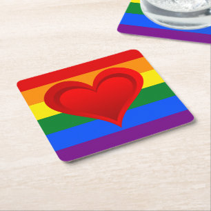 Posavasos Cuadrado De Papel COLORES DE LA BANDERA DE RAINBOW y corazón rojo + 