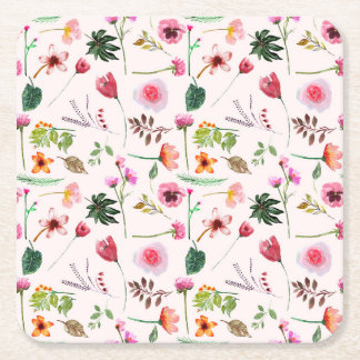 Posavasos Cuadrado De Papel Colorful spring flowers watercolor pattern