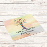 Posavasos Cuadrado De Papel Colorida Reunión familiar de la familia del árbol<br><div class="desc">Estos coloridos castillos de Reunión Familiar están decorados con un árbol familiar de mosaicos en los colores del arcoiris sobre un fondo acuático. Personalizar con su apellido y el año. Mosaico original y acuarela © Michele Davies.</div>