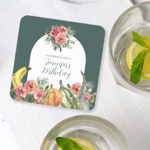 Posavasos Cuadrado De Papel Coloridas calabazas Pink Floral Birday Party