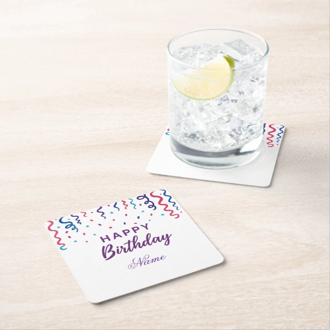 Posavasos Cuadrado De Papel Colorido Confetti Feliz cumpleaños (In situ)