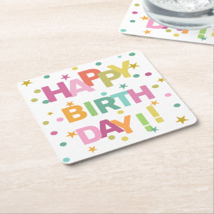 Posavasos Cuadrado De Papel Colorido texto Confetti y estrellas Feliz cumpleañ