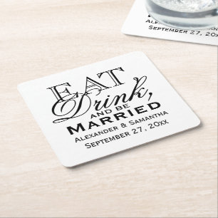 Posavasos Cuadrado De Papel Comer, beber y casarse Boda personalizado