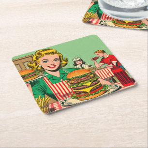Posavasos Cuadrado De Papel Comics de la retro burger