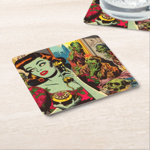 Posavasos Cuadrado De Papel Cómics de terror vintage de zombi