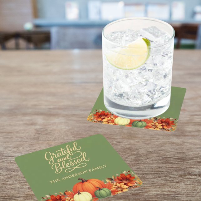 Posavasos Cuadrado De Papel Comida de acción de gracias calabaza verde bendeci (Subido por el creador)