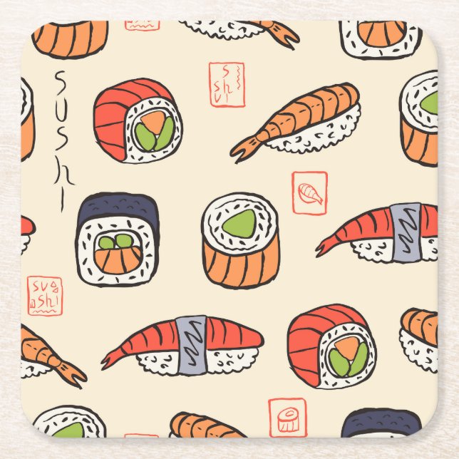 Posavasos Cuadrado De Papel Comida de sushi, diseño de patrones impecable. (Anverso)