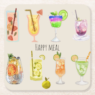 Posavasos Cuadrado De Papel Comida feliz cóctel Curte Watercolor fiesta rosa