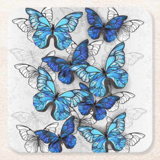 Posavasos Cuadrado De Papel Composición de las mariposas blancas y azules (Anverso)