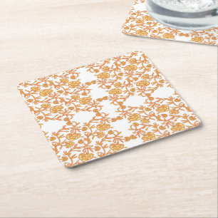 Posavasos Cuadrado De Papel con elegante papel pintado floral naranja y blanco