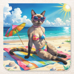 Posavasos Cuadrado De Papel Con tema de playa para amantes de gatos siameses