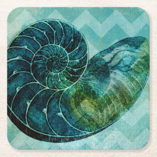 Posavasos Cuadrado De Papel Concha espiral Shell de la turquesa