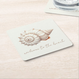 Posavasos Cuadrado De Papel Conchas Costeras Personalizadas de Crema y Beige