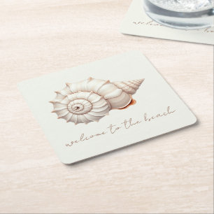Posavasos Cuadrado De Papel Conchas Costeras Personalizadas de Crema y Beige