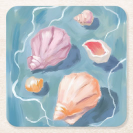 Posavasos Cuadrado De Papel Conchas de mar de acuarela de la costa del mar