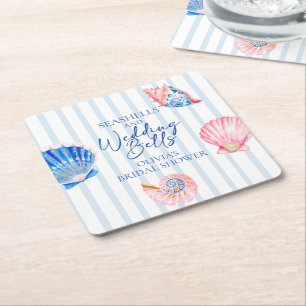 Posavasos Cuadrado De Papel Conchas marinas y campanas de boda. Despedida de s