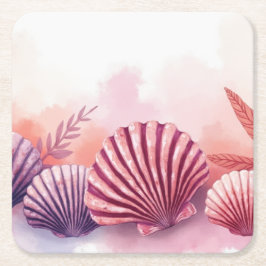 Posavasos Cuadrado De Papel Conchas rosadas y púrpuras 
