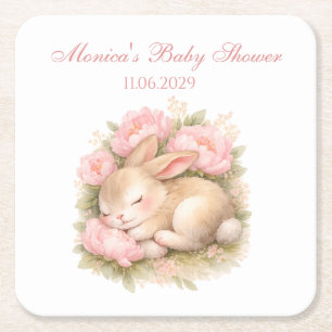 Posavasos Cuadrado De Papel Conejito adorable conejo rosa rubor peonía baby sh