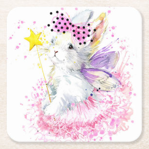Posavasos Cuadrado De Papel Conejito de la hada de la acuarela