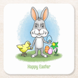 Posavasos Cuadrado De Papel Conejito de Pascua y la Gallina