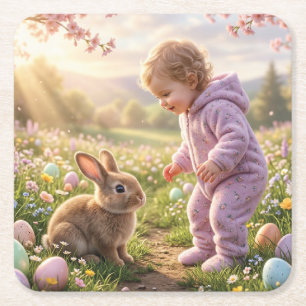 Posavasos Cuadrado De Papel Conejito de Pascua y niño