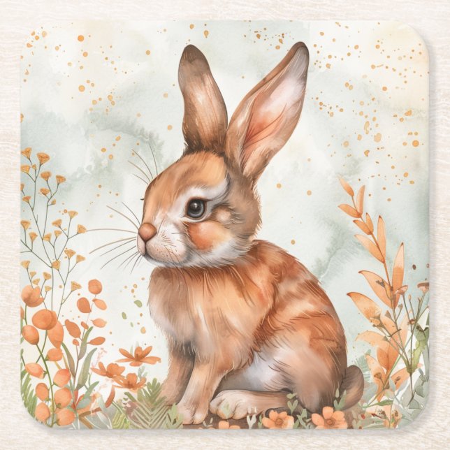 Posavasos Cuadrado De Papel Conejito lindo de primavera (Anverso)