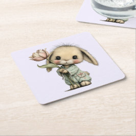 Posavasos Cuadrado De Papel Conejito Lindo Sosteniendo un Tulipán