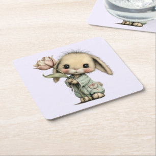 Posavasos Cuadrado De Papel Conejito Lindo Sosteniendo un Tulipán