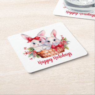 Posavasos Cuadrado De Papel Conejitos Navidades en una canasta