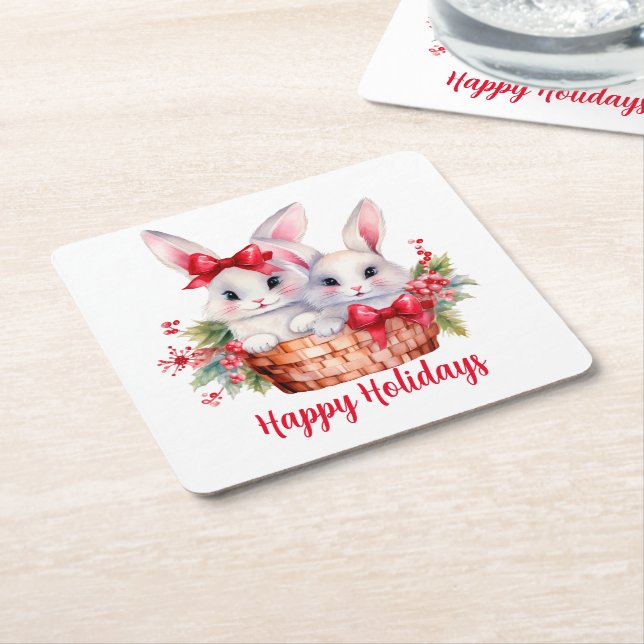 Posavasos Cuadrado De Papel Conejitos Navidades en una canasta (En perspectiva)