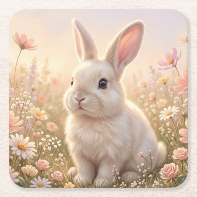 Posavasos Cuadrado De Papel Conejo Blanco (Anverso)