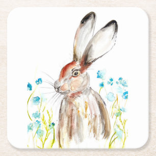 Posavasos Cuadrado De Papel Conejo Bunny Hare Floral Animal Willife Cute