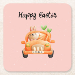 Posavasos Cuadrado De Papel Conejo de chofer Feliz Pascua en rosa