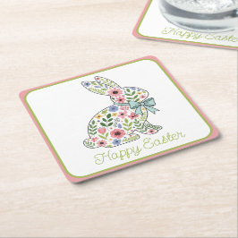 Posavasos Cuadrado De Papel Conejo de Pascua de flores silvestres rosadas y az